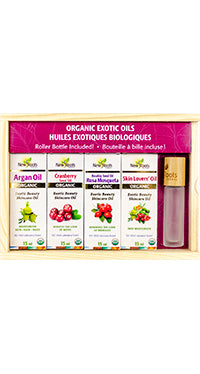 New Roots Organic Exotic Oil Gift Box Collection, 4x15ml oils +roller bottle