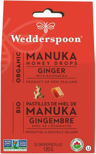 Wedderspoon Organic Manuka Honey Drops Ginger w/ Echinacea (20 Drops)